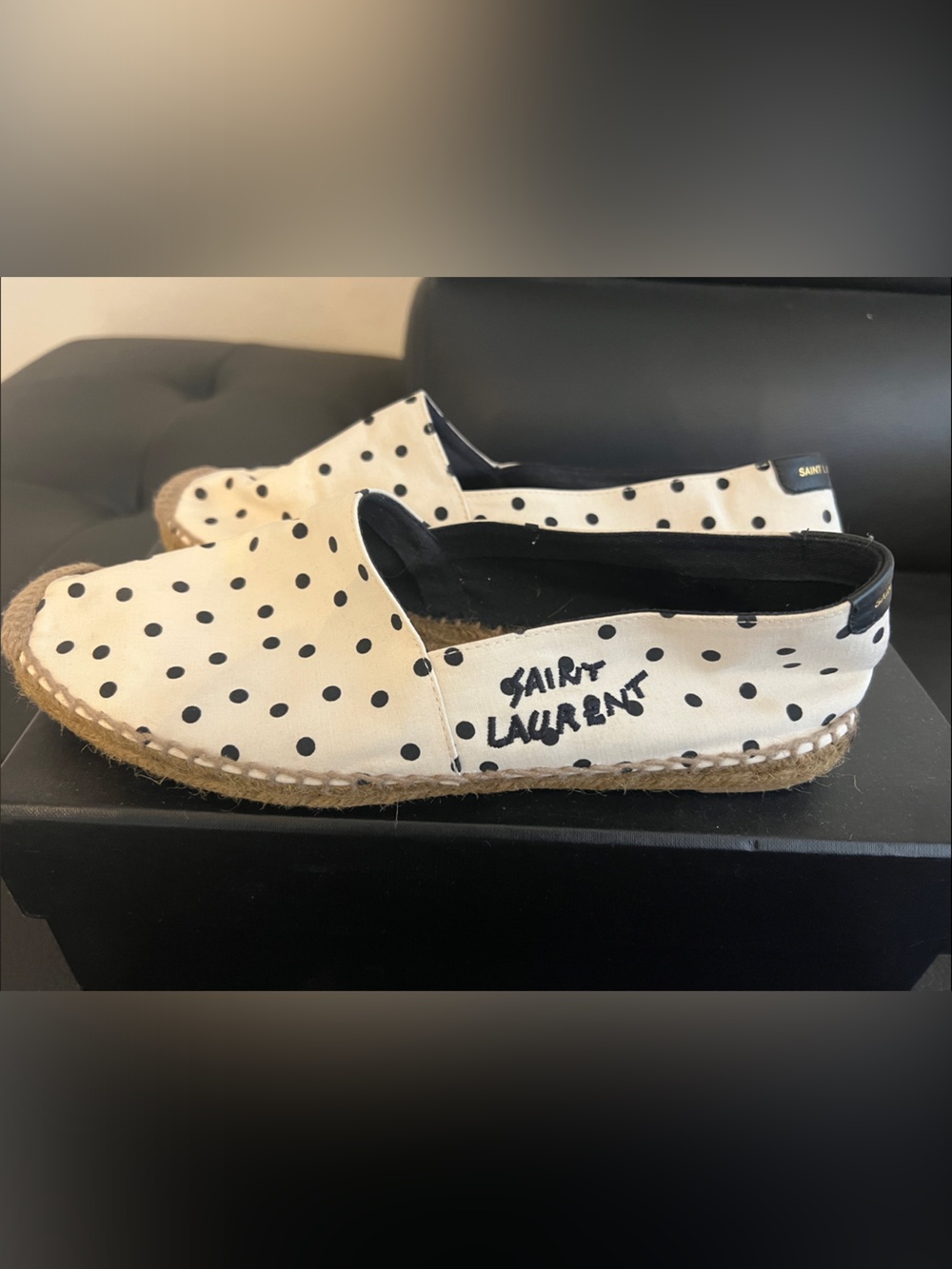 Saint Laurent Cream Espadrille Slip-On with Black Polka Dots